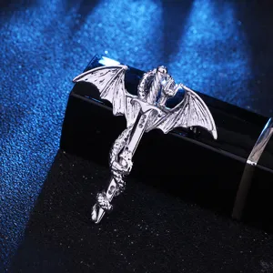 Detailed view of vintage silver dragon sword brooch, exquisite wing pin for men coat accessories.
