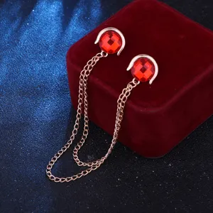 Crystal chain collar pins set, rose gold tone red gemstone shirt brooch accessories.