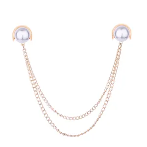Gold tone double pearl collar pin brooch with hanging chains for shirt and suit decoration