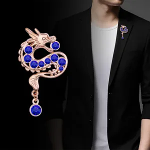 Vintage Chinese Style Zodiac Dragon Brooch Men Zinc Alloy Rhinestone Animal Lapel Pin Domineering Coat Suit Accessories
