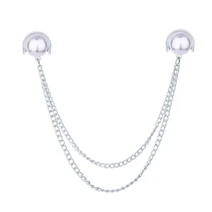 Classic double pearl collar chain brooch, stylish suit shirt clip and tassel jewelry for daily wear.