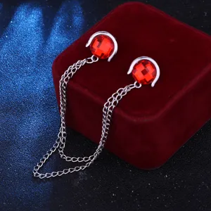 Silver-tone metal shirt collar chain pin with red faceted crystal gems for men and women