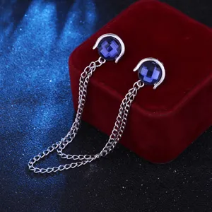Shirt collar chain tassel pin retro blue gem brooch fashion metal shirt collar jewelry