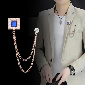 Britischer Stil Herren Brosche Quadratisch Künstlicher Edelstein Quaste Kette Strass Reversnadel Für Anzug Hochzeit Party Schmuck
