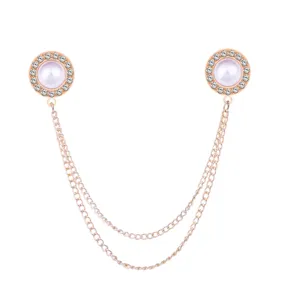 Fashion pearl rhinestone collar clip women elegant double chain shirt cardigan pin jewelry