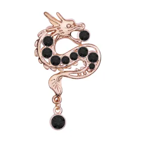 Retro Chinese zodiac dragon brooch with black rhinestones, stylish men suit accessory.