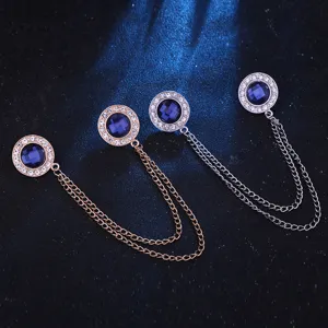 Exquisite double collar pin with sparkling rhinestones and metal chain for shirts.