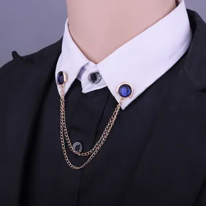 Vintage Alloy Electroplated Rhinestone Collar Chain Shirt Collar Pin Decorative Double Layer Chain Gemstone Tassel For Unisex Jewelry