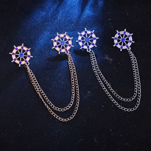 European American fashion resort style ship wheel collar brooch pin with tassel chain set