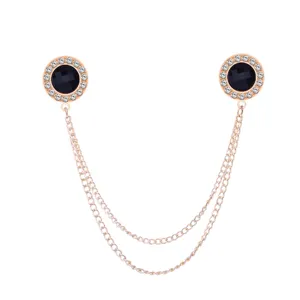 Exquisite rose gold collar pin with black crystals and double chains for men and women shirts.