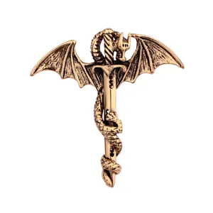 Vintage dragon sword brooch with wings, retro gold alloy pin for men, fantasy costume jewelry.