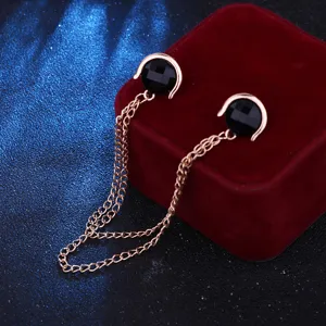 Vintage rose gold shirt collar chain pin with black crystal stone, fashion blouse clip accessory.