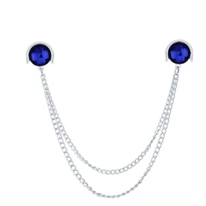 Metal shirt collar chain with blue gemstone brooch pin for men and women fashion accessories.