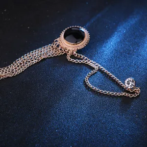 Men gold multi tassel brooch with black stone suit collar pin fashion jewelry detail
