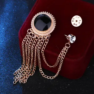 Vintage mens black stone tassel brooch gold tone suit lapel pin fashion accessory detail