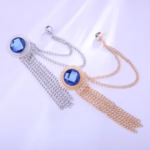 Vintage blue crystal tassel brooch pin men suit lapel chain luxury jewelry accessory.