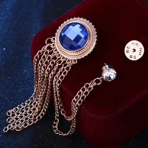 Vintage gold rhinestone tassel brooch suit lapel pin luxury men jewelry accessory detail view
