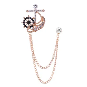 Broche de ancla y timón de barco con diamantes de imitación y cadena de borla para hombre