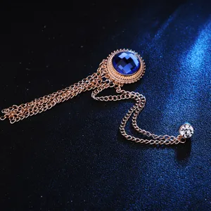 Vintage blue gemstone tassel brooch pin for men suit luxury chain badge accessory detail shot