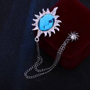 Große blaue Strass Sonne Brosche mit Kette Quaste Kristall Anzug Reversnadel Schmuck
