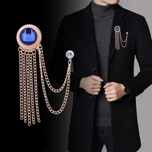 Vintage Men Suit Brooch Zinc Alloy Rhinestone Gemstone Tassel Chain Badge Pin Luxury Wedding Banquet Party Apparel Accessory