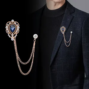 Vintage Hohl Wassertropfen Brosche Mit Doppelter Kette Quaste Strass Künstlicher Edelstein Reversnadel Für Herren Damen Anzug Zubehör