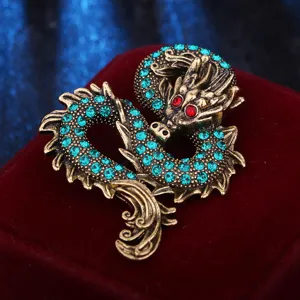 Antike chinesische Drachen Brosche für Herren, Vintage Strass Kristall Reversnadel Mantel.
