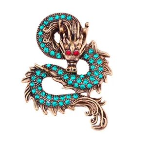 Antike goldene Drachen Brosche für Herren, Vintage Legierung Anstecknadel mit grünen Strass.