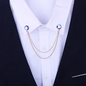 Broche d'épingle de col de chemise en strass à double chaîne de mode rétro détail bijoux