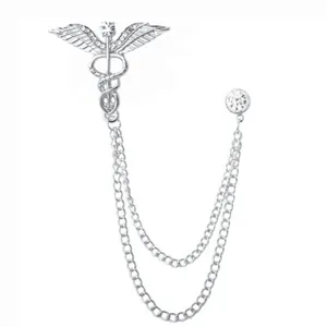 Broche de cadena doble alas caduceo estrás plateado joya moda borla alfiler accesorio
