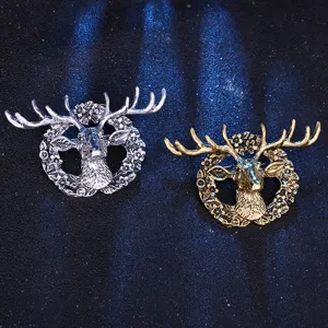 Vintage 3D elk head brooch pin set, retro alloy lapel accessories for suit jackets.