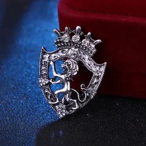 Spilla vintage leone scudo corona da uomo stile corte metallo strass accessorio