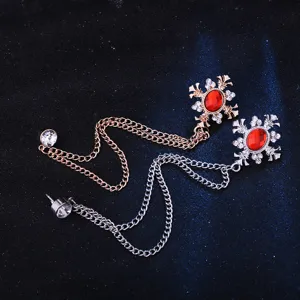 Vintage Doppelkette Brosche Set gotische Kreuz Kragennadeln mit roten Kristallsteinen.