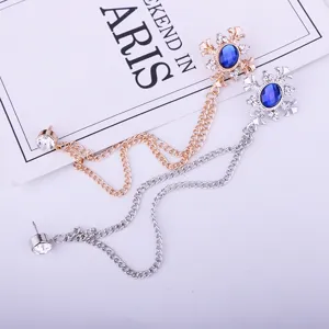 Modische Kreuz Quaste Kette Kragennadel, Strass Blauer Stein Brosche für Hemden Jacken.
