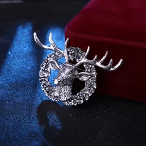 Vintage silver elk head brooch pin for men and women retro animal lapel badge suit jacket accessory