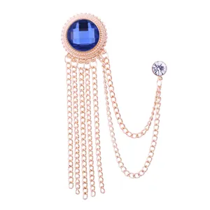 Vintage blue gemstone tassel brooch for men suit luxury chain badge accessory pin jewelry
