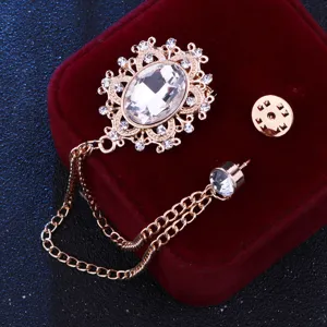 Vintage crystal court style brooch with tassel chain, elegant lapel pin jewelry for women and men.