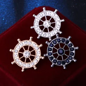 Fashion nautical ship wheel brooch pin set with sparkling crystals for men suit jacket chic