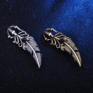 Vintage retro feather brooch metal pin stylish coat accessories black stone jewelry