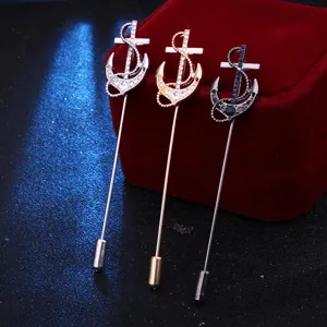 Men's anchor lapel stick pin naval style suit accessory detail view shimmering crystals.
