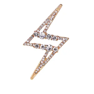 Exquisite rhinestone lightning brooch, gold tone crystal pin for stylish suit accessory.