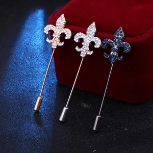 Fleur-de-lis rhinestone long lapel pin set, elegant crystal suit brooch for men and women.