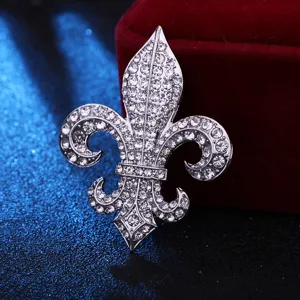 Exquisite silver rhinestone fleur-de-lis brooch crystal lapel pin for men and women