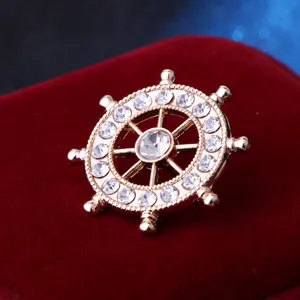 Nautical style ship wheel brooch pin with clear rhinestones gold tone fashion suit jewelry