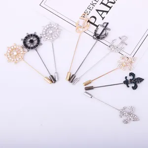 Men's Nautical Lapel Pin Set Rhinestone Anchor Ship Wheel Suit Brooch Fashion Accessories