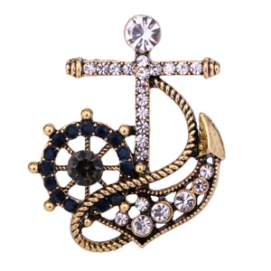 Elegante broche de ancla y timon estilo marino vintage con brillantes pedreria hombres.