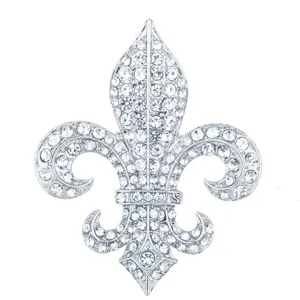 Silver tone rhinestone fleur-de-lis brooch pin for men and women suit accessory.