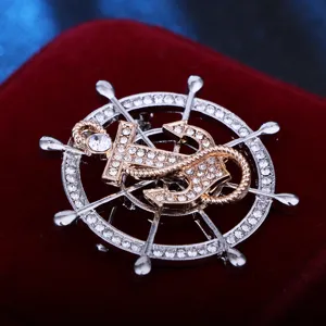 Broche vintage estilo marinero con pedrería rueda de barco ancla mujeres hombres abrigo chaqueta.