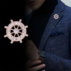 Western Fashion Nautical Ship Wheel Brooch Men Suit Blazer Pin Rhinestone Inlaid Rudder Brooch Jewelry Accessory For Men
