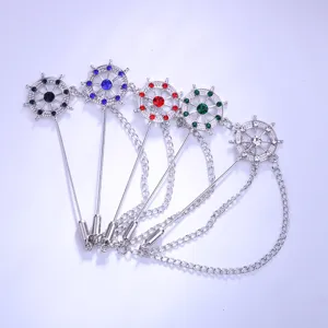 Stylish rudder brooch pin with chain and colorful rhinestones for men suit fashion accessories.